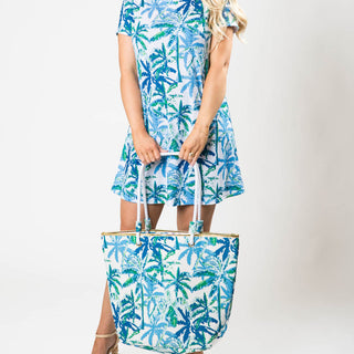 blue and green palm tote with matching tshirt dress