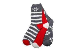 three pack of super soft socks in grey, red and white varying prints