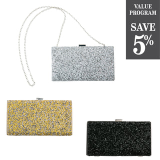 Sparkly evening bags in black, gold and silver