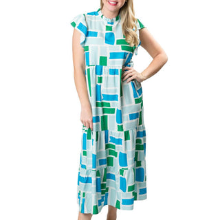 Turquoise Green and Blue Blocks print multi-tiered dress with back button, ruffle neck and ruffle short sleeve