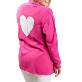 hot pink long sleeve cardigan with white heart, back view