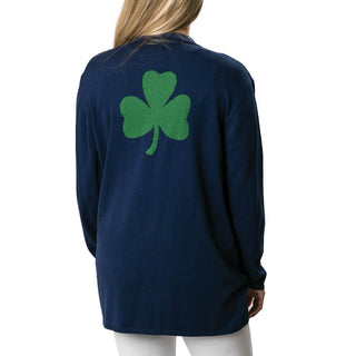 navy long sleeve cardigan with knit green shamrock , back view