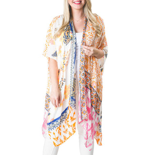 boho floral open front coverup in orange, blue, pink and white 