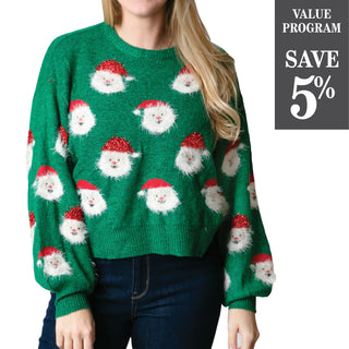 Green sweater with Santa faces