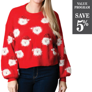 Red sweater with Santa heads