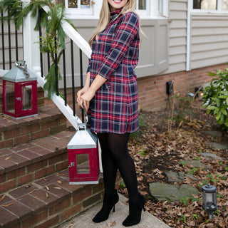 Three quarter sleeve dress with front pleat and pockets in red and navy plaid