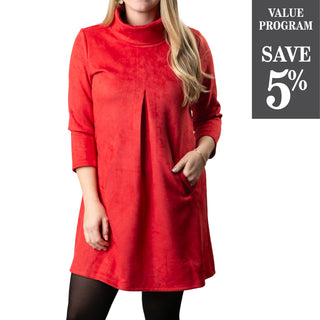 Red microsuede dress with front pleat and pockets