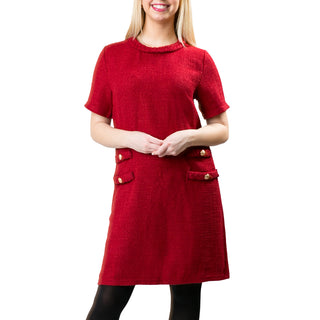 Red short sleeve dress with gold button detail 