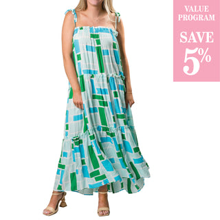 Turquoise Green and Blue Blocks strappy tiered maxi dress