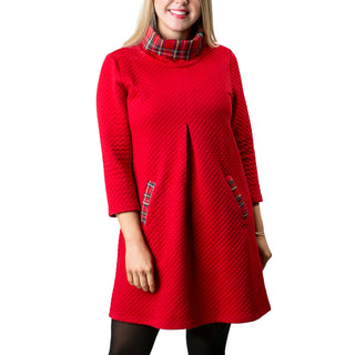 Red quilted dress with plaid collar and plaid detail on pockets