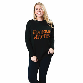 Black with orange Bonjour Witches long-sleeve crew neck sweater