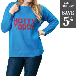 Blue sweater with Hotty Toddy in red