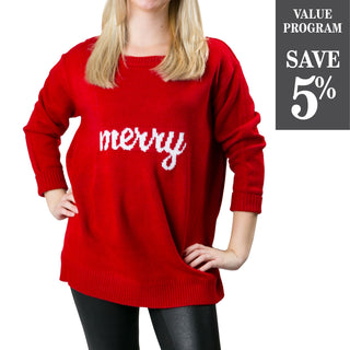 Red sweater with merry in white letters