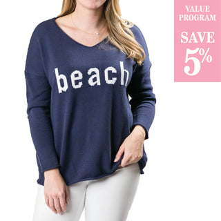 Navy v-neck sweater with white Beach block letters