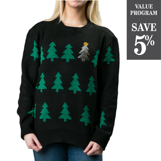 Black sweater with Christmas trees