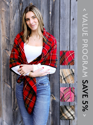 Women wearing a plaid red wrap