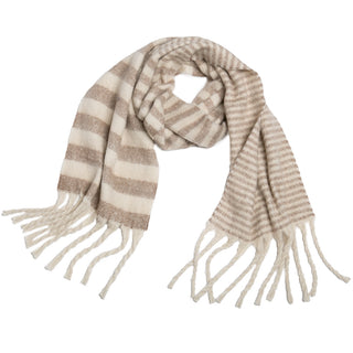 Taupe and cream stripe scarf with fringe