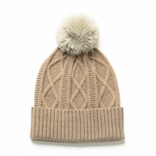 Taupe Karen cable knit beanie hat with coordinating pom pom