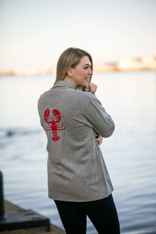 gray long sleeve cardigan with knit red lobster, back view