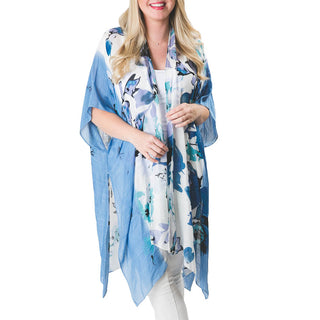 Blue and White floral printed long, one size Kimono