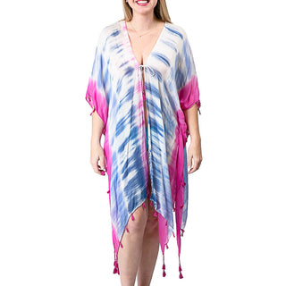 viscose tie-dye cover-up with tassels in pink, navy and white print