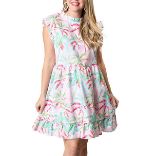 Pink palm trees print sleeveless dress with ruffle at sleeve, neck and hem,  above-the-knee length