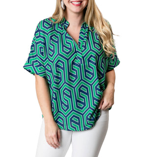 Green and Navy Geometric wrinkle resistant shirt