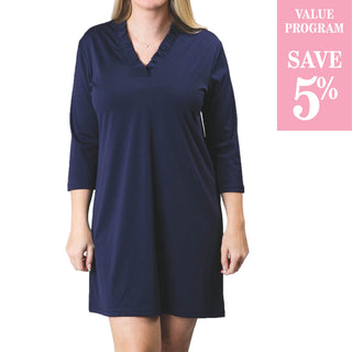 Solid Navy Blue easy travel machine washable 3/4 sleeve dress with ruffled V-neck, in assorted sizes