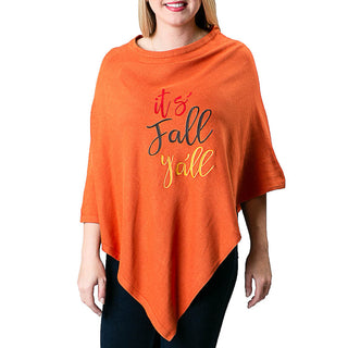 orange knit poncho with multi color "it's fall yall" script