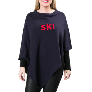 navy knit poncho with SKI in red embroidery