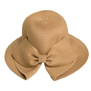 Natural folded brim hat with bow.