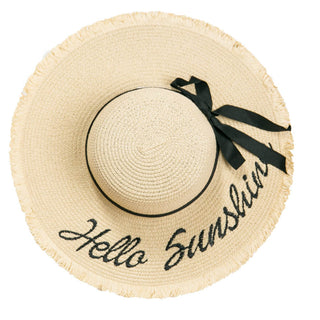 Cream wide brim hat with Hello Sunshine and bow