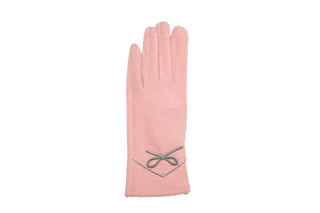 light pink Savannah Glove in faux suede with gray bow and stitching accents