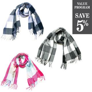 Assortment of check plaid Carrie blanket scarf with fringe in 3 colors