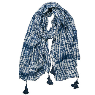 Navy on White Tie Dye print 100% Polyester Scarf with Navy Tassels on corners