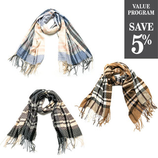 assortment of plaid Lindsey scarves with fringe in 3 colors