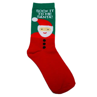 Green and red santa socks with the saying "Sock It To Me Santa" in white font. 