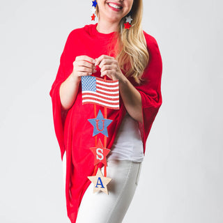 Red Bamboo Poncho with Red White and Blue Star Earrings