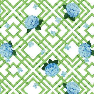 swatch of Hydrangea Bamboo print, green bamboo pattern with medium blue hydrangea flowers against white background