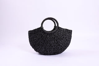 Roxy Half Circle Bag in classic black straw, half-moon silhouette with structured handles.
