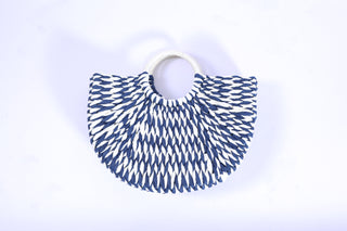 Roxy Half Circle Bag in blue and white twist pattern, playful striped half-moon tote with handles
