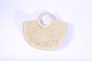 Roxy Half Circle Bag in soft cream straw with woven handles, lightweight neutral half-moon tote.