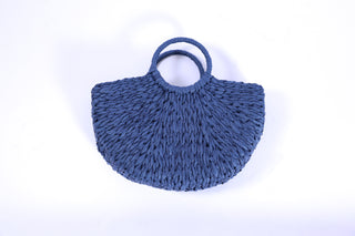 Roxy Half Circle Bag in deep navy straw, stylish half-moon summer tote with round handles.