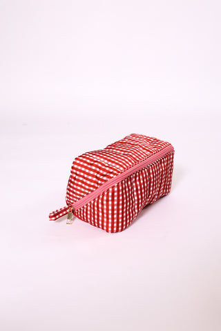 Maroon gingham glam makeup and toiletry bag with zipper – chic and functional.