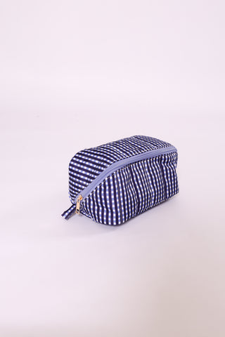 Navy blue gingham glam travel makeup bag with zipper – gameday essential.