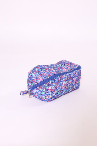 Paisley print glam bag in blue and pink – fold-flat cosmetic pouch