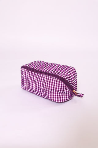Purple gingham glam bag with zipper top – perfect for gameday or travel.