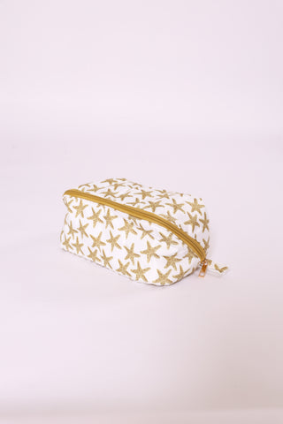 Sequin starfish printed glam bag – playful gold shimmer travel pouch