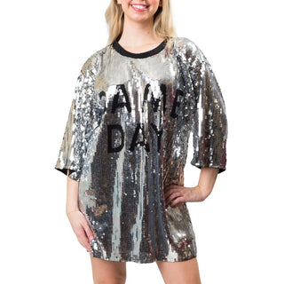 Silver sequined dress with Game Day in black sequins