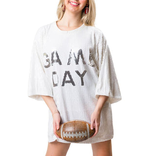 White sequined dress with Game Day in silver sequins